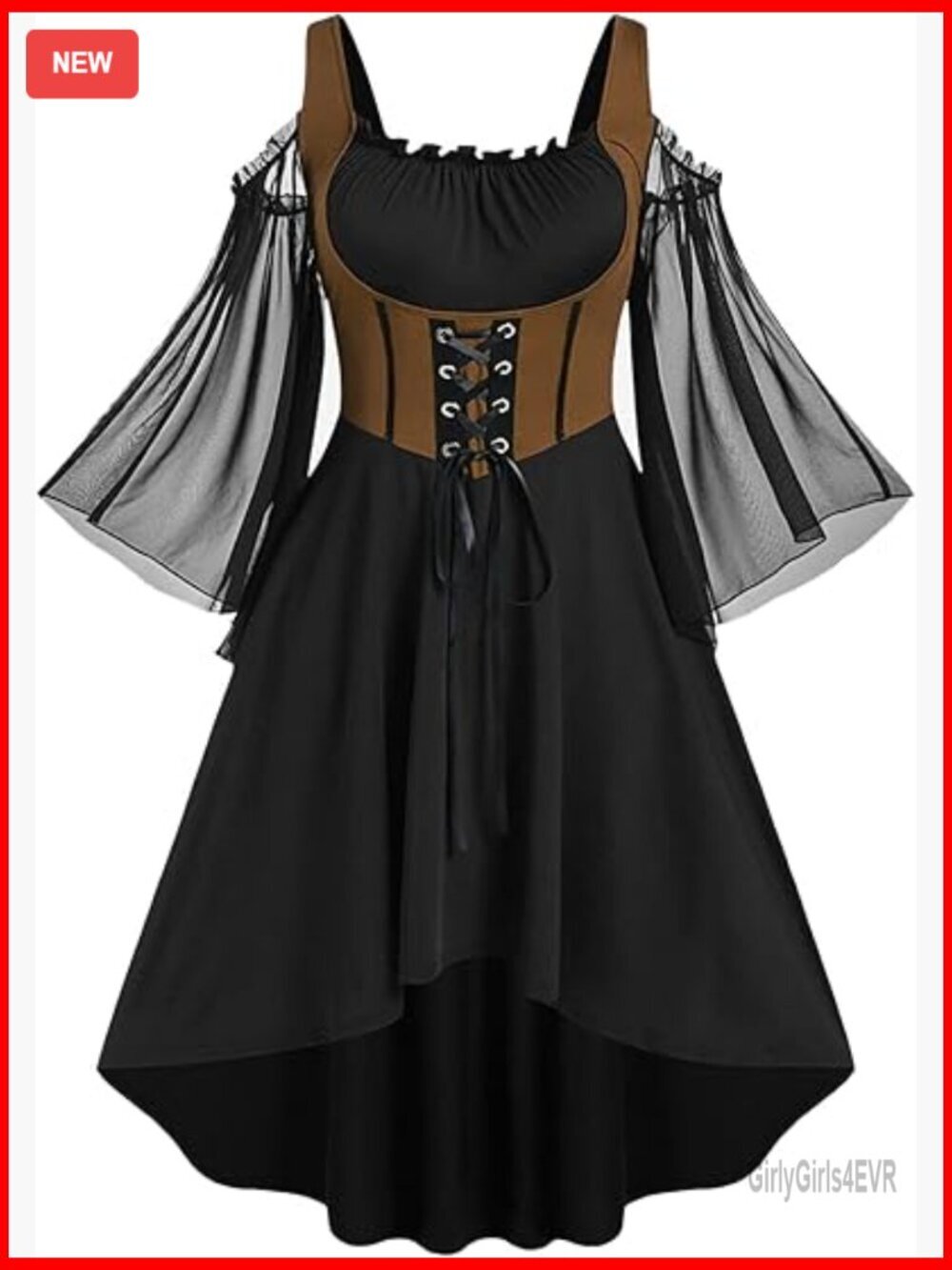 Plus Size Gothic Cold Shoulder Midi Dress with Lace and Flare Sleeves